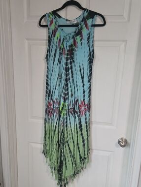 Ingear Aqua and Lime Tie-Dye Fringe Maxi Dress with Red Floral Accents